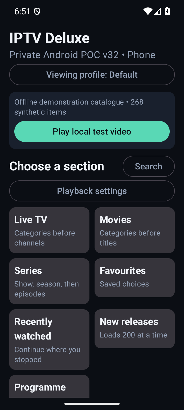 Actual v32 Android phone home screen showing a dark theme, local profile, search, Live TV, Movies, Series, Favourites and Recently watched