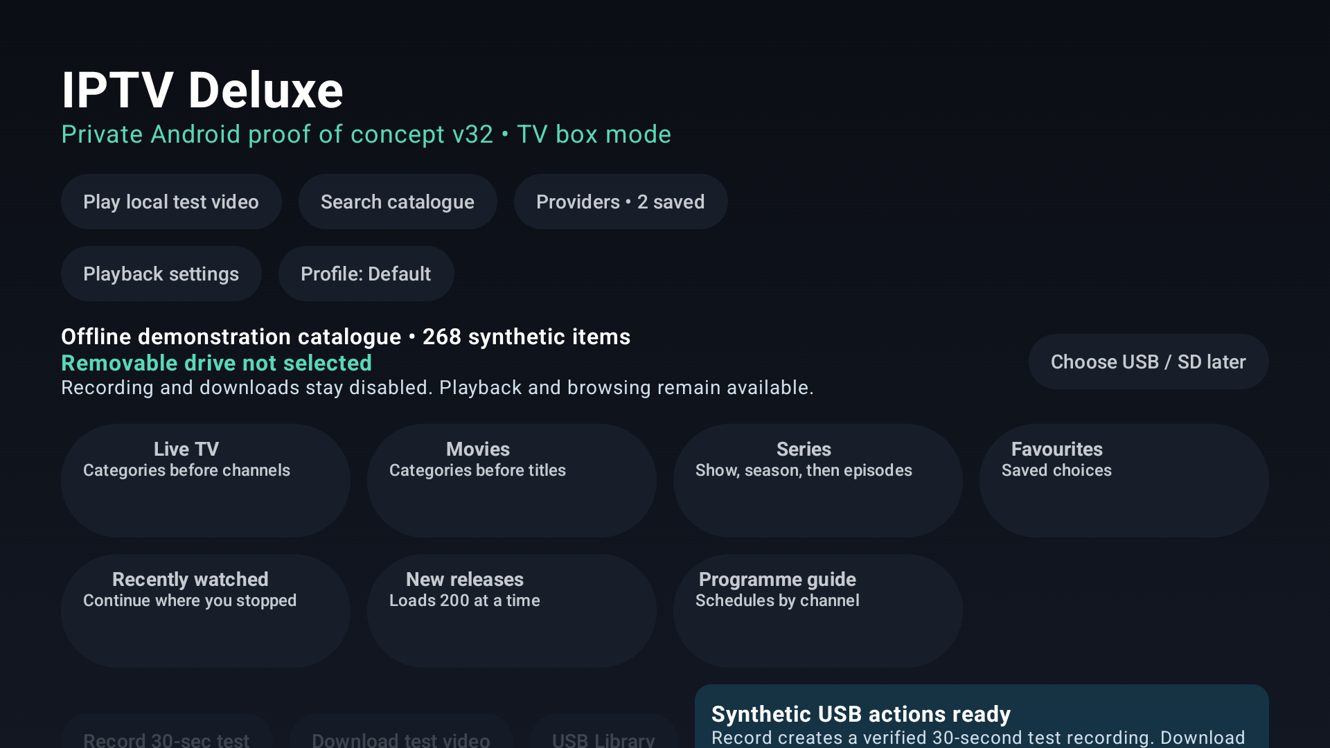 Actual v32 Android TV home screen showing large remote-friendly sections and the removable-storage status