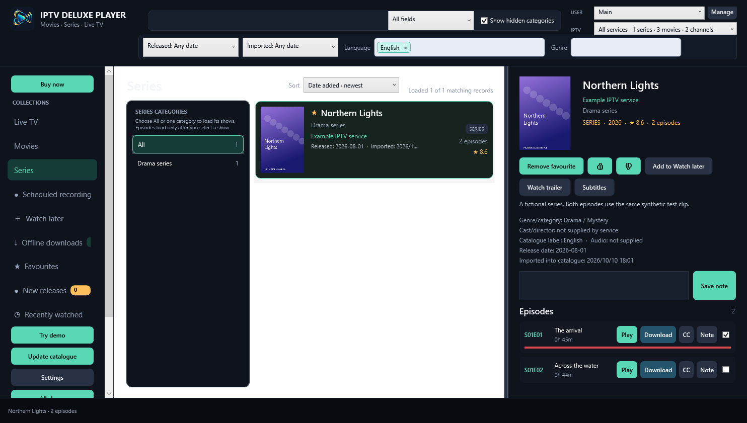 Series and episodes screen in IPTV Deluxe Player