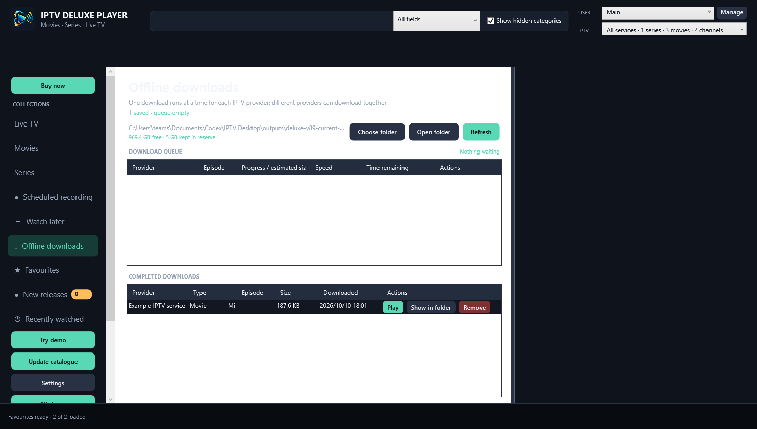 Offline downloads screen in IPTV Deluxe Player