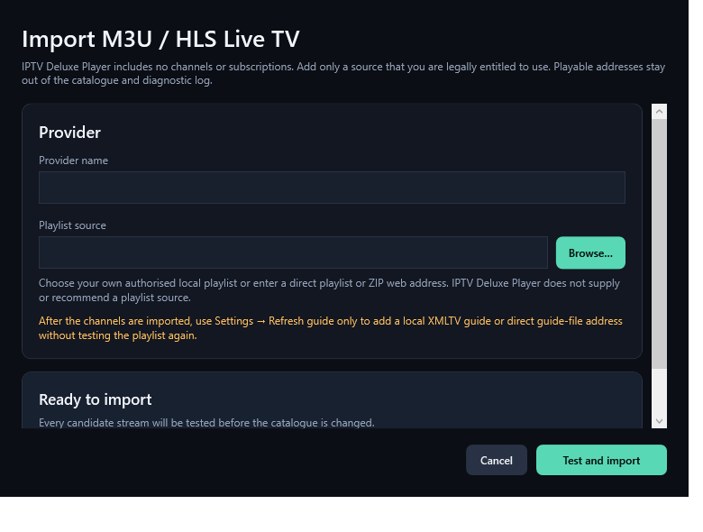 Current channels-only playlist import screen in IPTV Deluxe Player