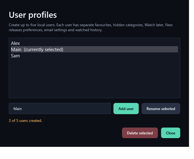 Local user profiles screen in IPTV Deluxe Player