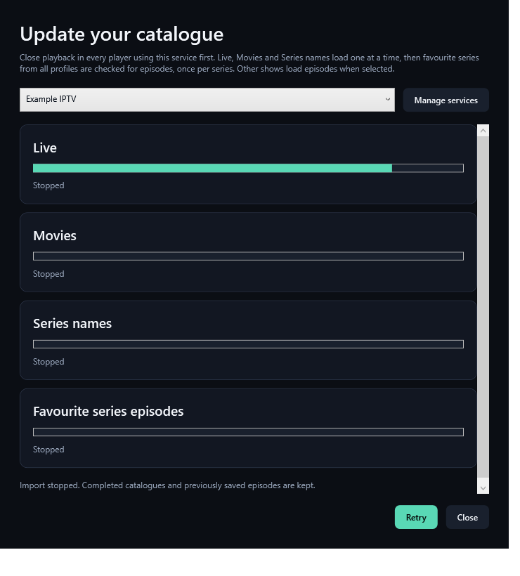 Cancelled import: completed catalogues and saved episodes are kept.
