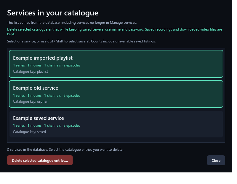 Inventory includes saved and orphan database services; choose exactly the catalogues to delete.