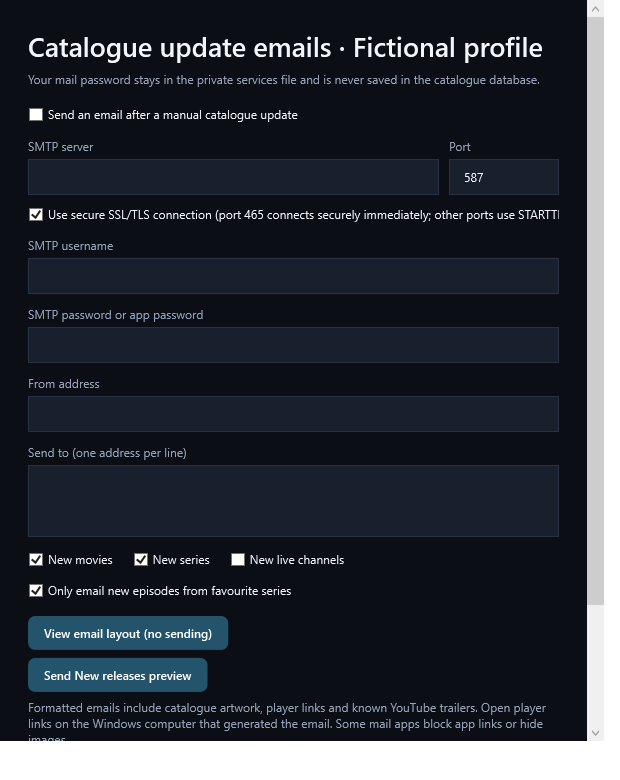 Current mail settings: the checkbox now describes manual catalogue updates.
