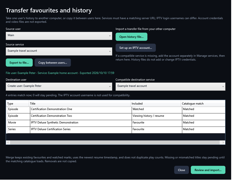 Import into a compatible URL on the receiving computer and choose the destination USER. The IPTV login can be different.
