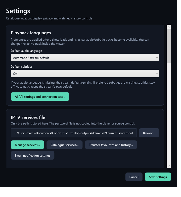 Current Settings screenshot, including ordered audio/subtitle preferences.