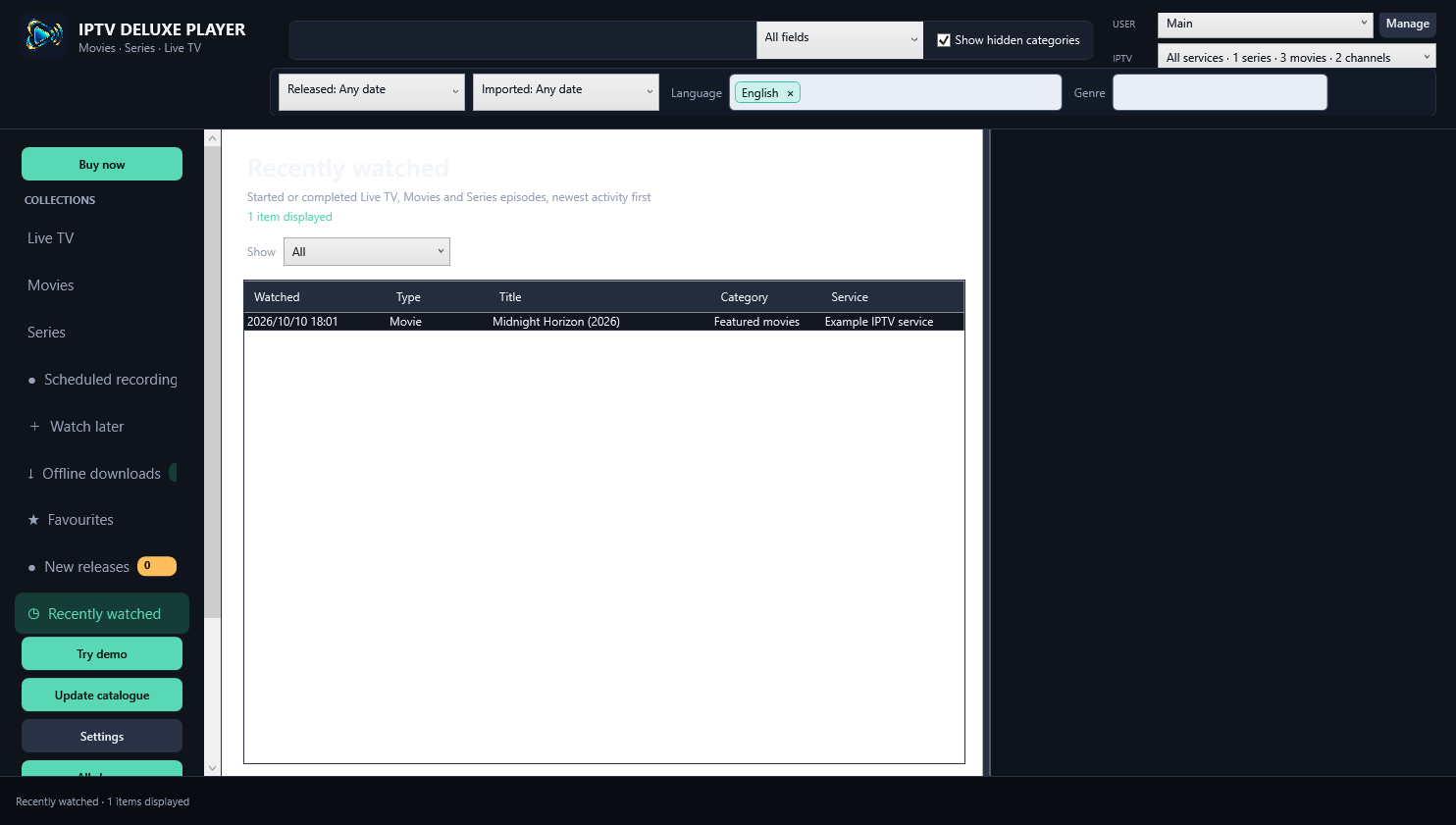Recently watched reads the selected USER profile’s saved progress and viewing history. Fictional example.