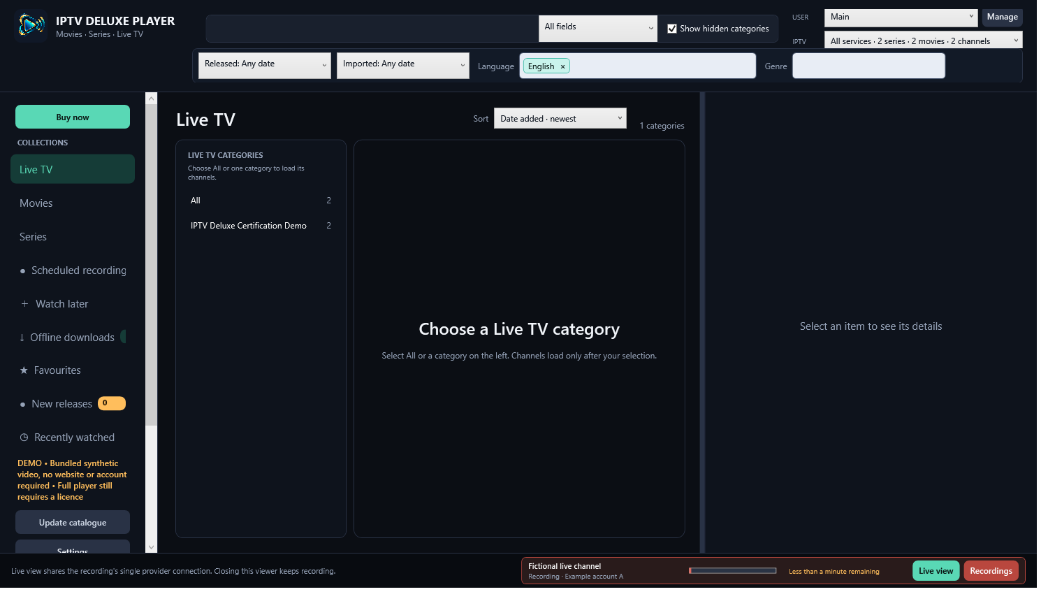 The bottom-right Live view button opens the active recording.
