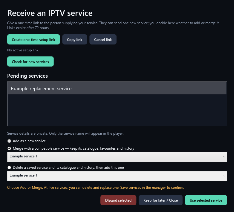 Only compatible server URLs appear as merge choices. The customer confirms the change locally.